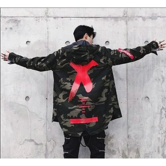 SZS Hooded Camo Jacket XL Canvas Oversized Gorpcore Graphic Print Spellout - Picture 2 of 13